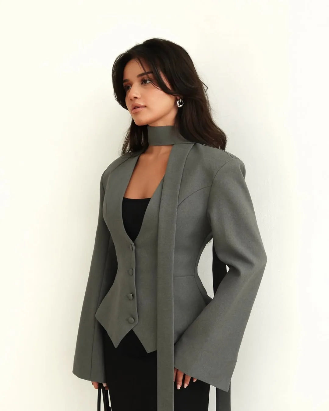 Women Elegant Scarf Lace-Up Blazer