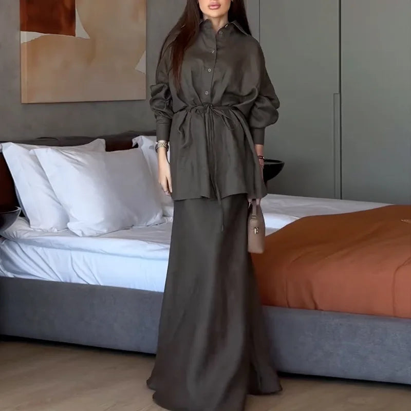 Long Sleeve Blouse Casual Skirt Set Pink Long Skirts 2 Piece Sets