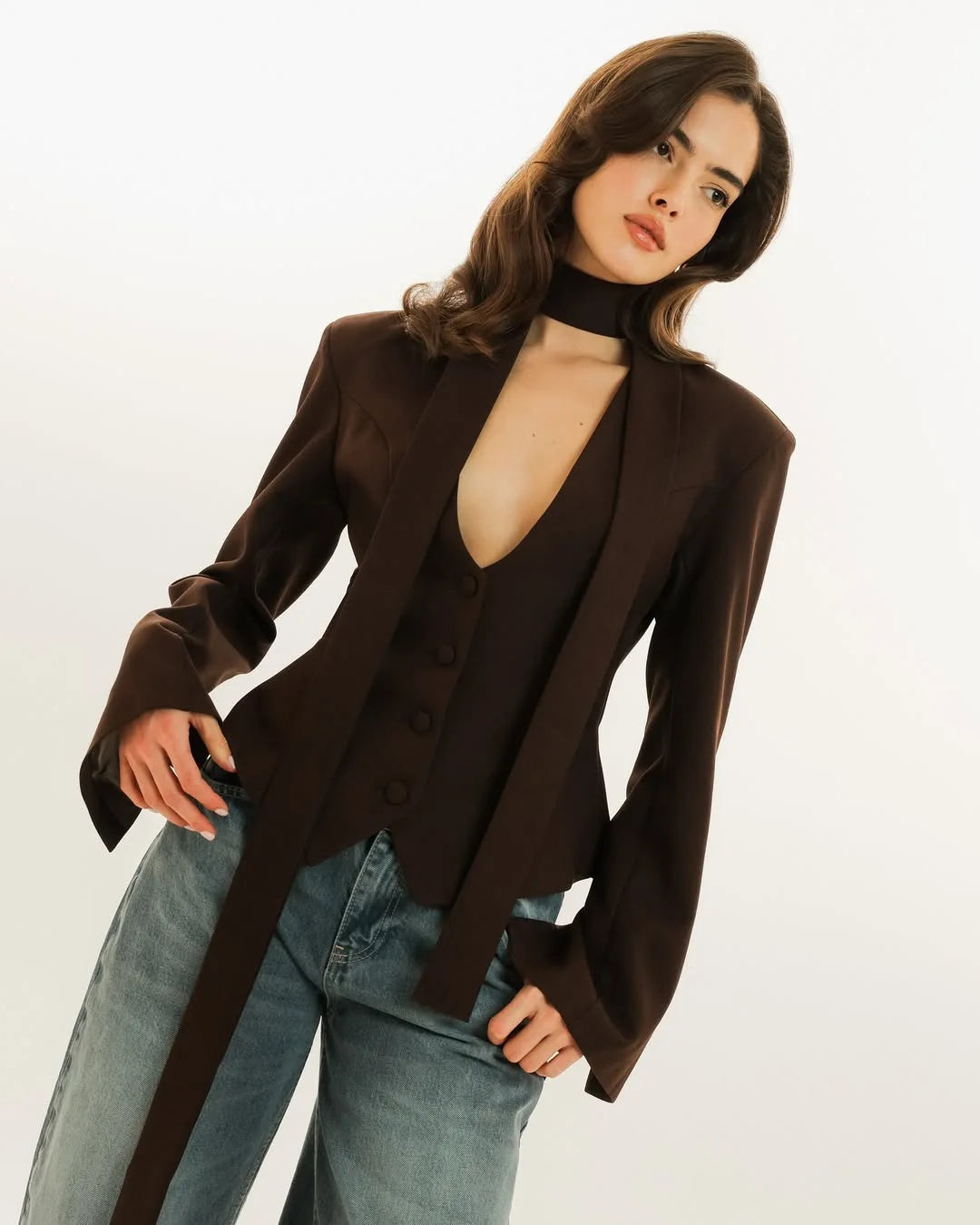 Women Elegant Scarf Lace-Up Blazer