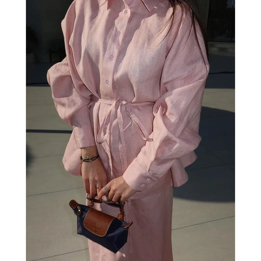 Long Sleeve Blouse Casual Skirt Set Pink Long Skirts 2 Piece Sets