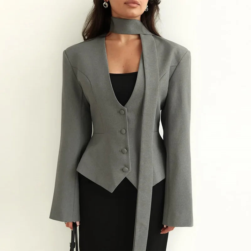 Women Elegant Scarf Lace-Up Blazer