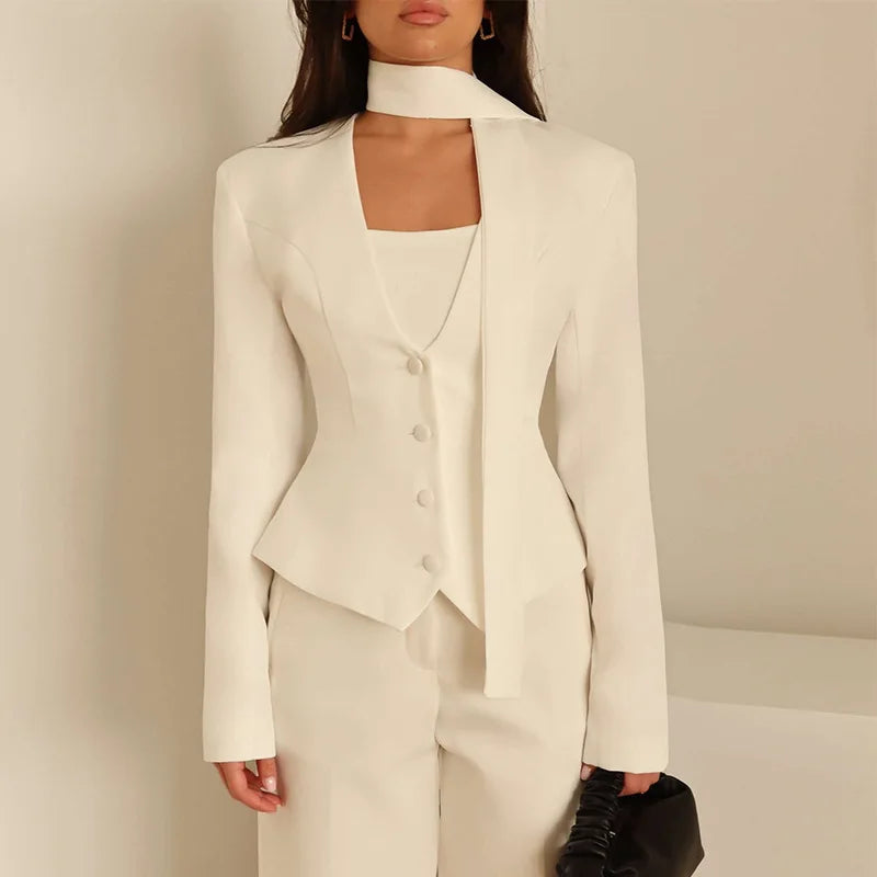 Women Elegant Scarf Lace-Up Blazer