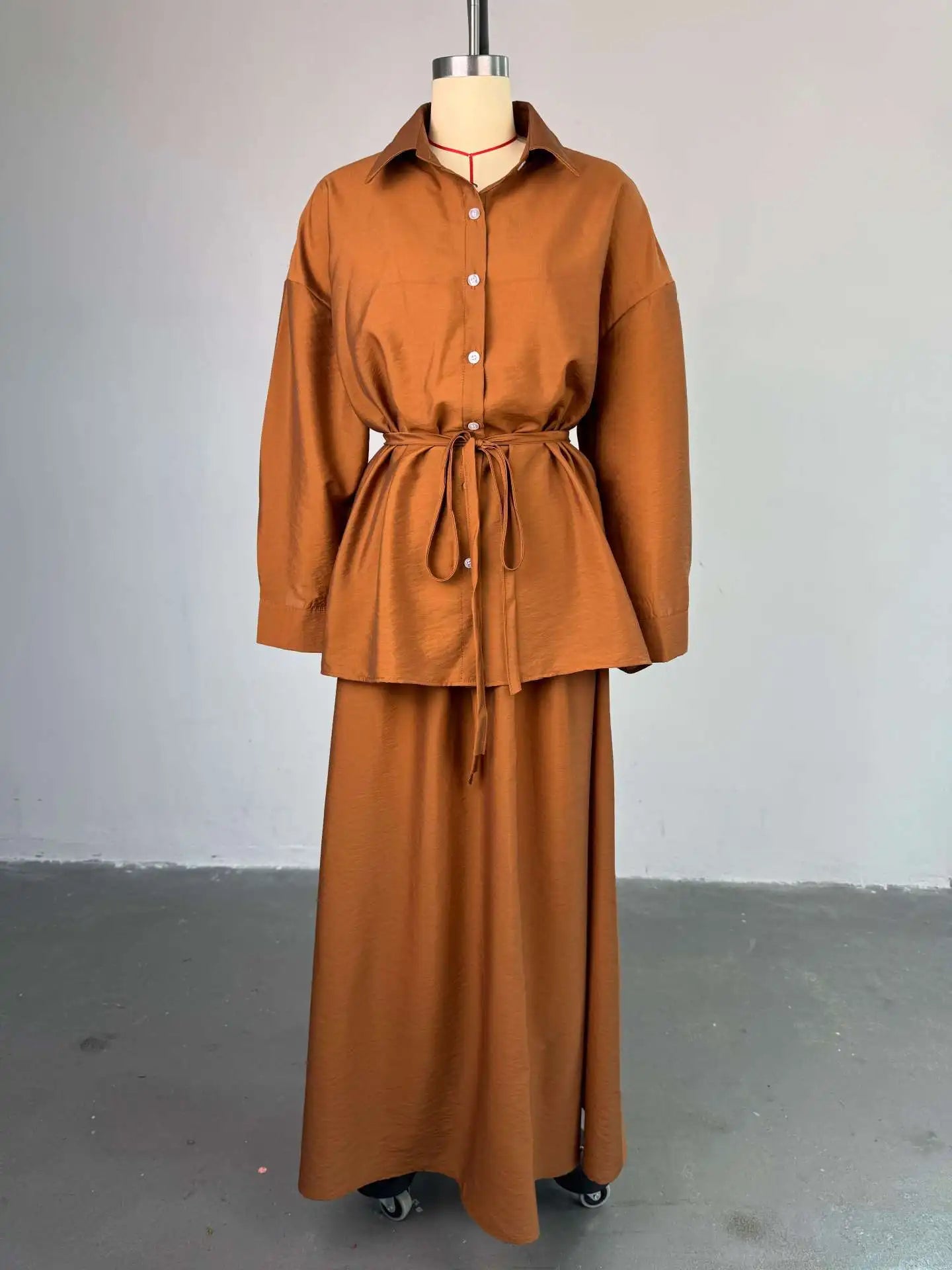 Long Sleeve Blouse Casual Skirt Set Pink Long Skirts 2 Piece Sets