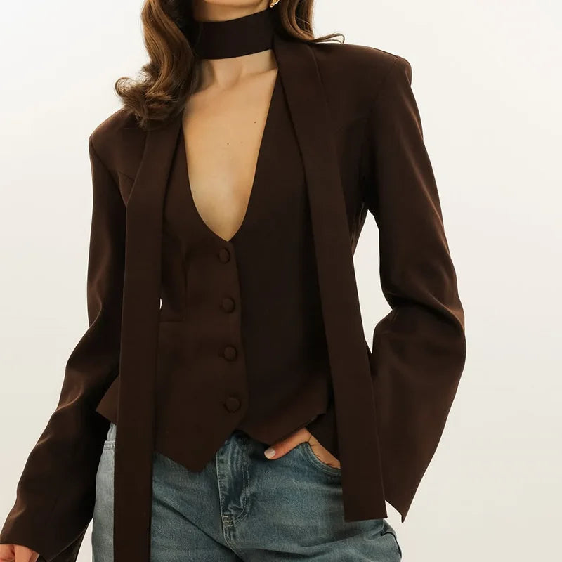 Women Elegant Scarf Lace-Up Blazer