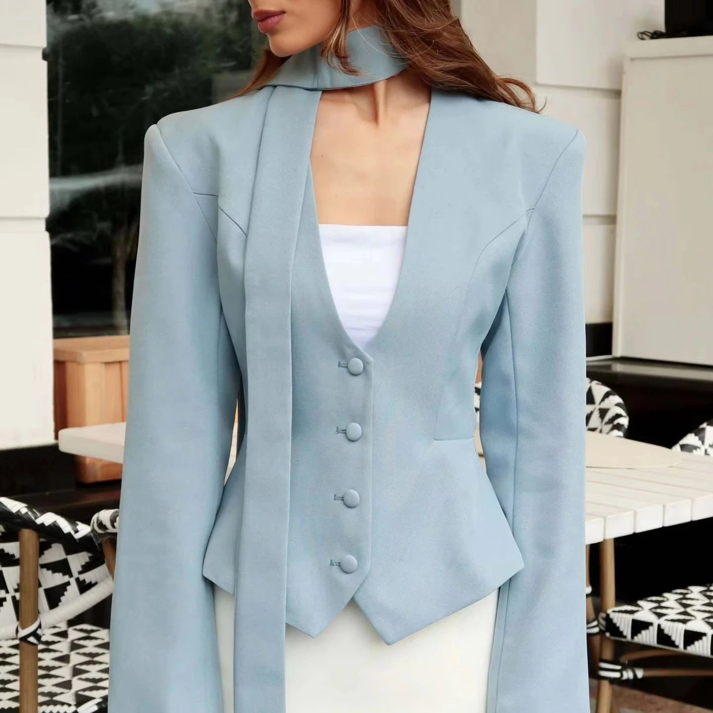 Women Elegant Scarf Lace-Up Blazer