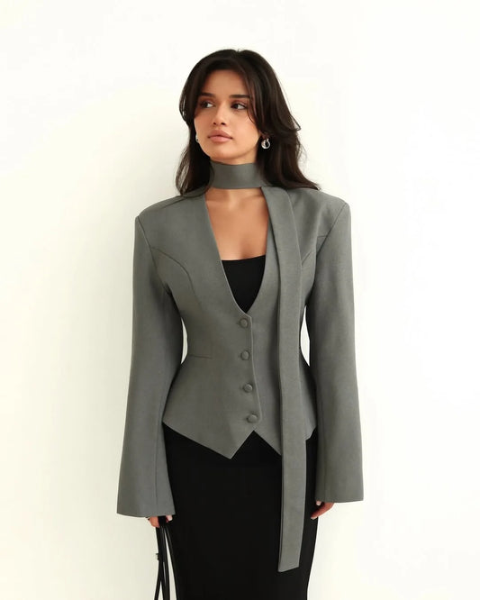 Women Elegant Scarf Lace-Up Blazer